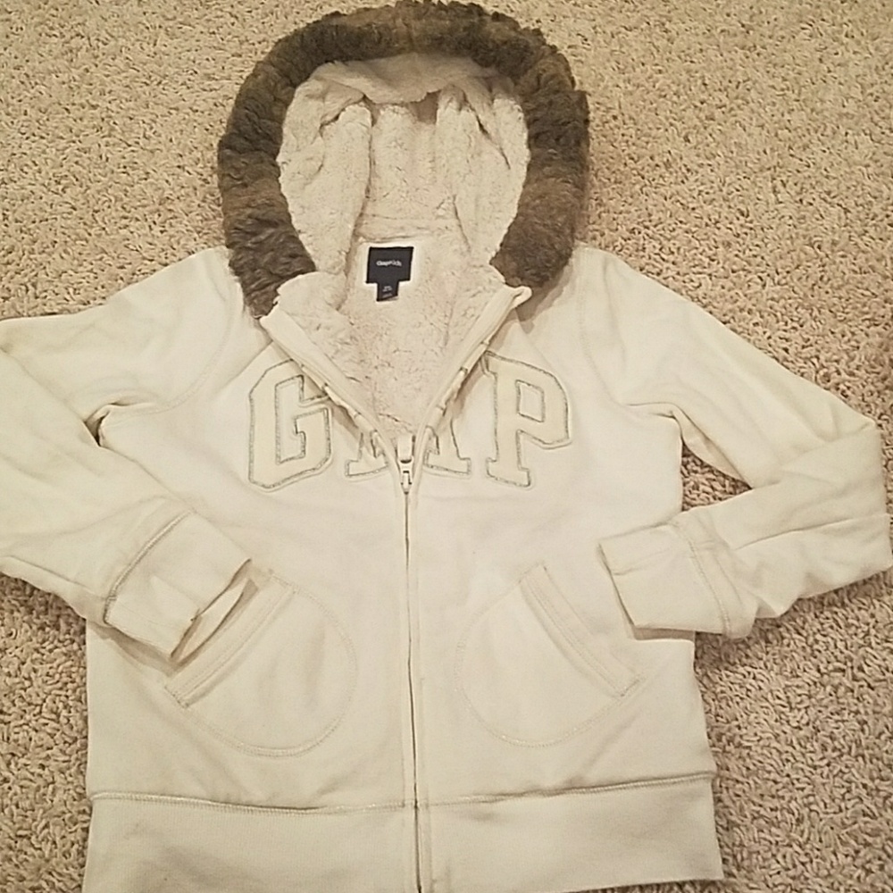 GAP Girls’ Cream Logo Hoodie with Brown Fur Trim XXL